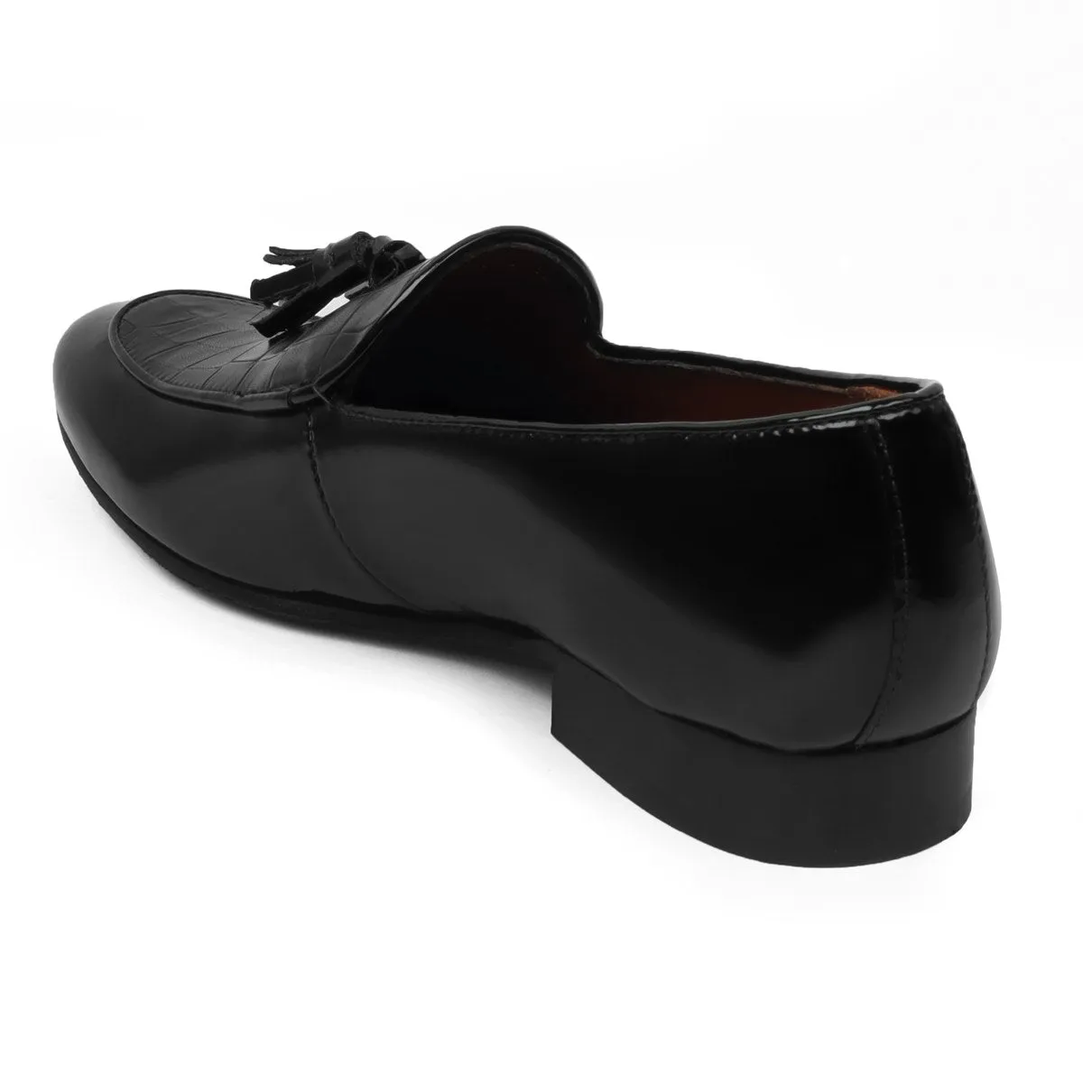 Men's Black Tassel Loafers with Deep Cut Croco Leather at Vamp by Brune & Bareskin