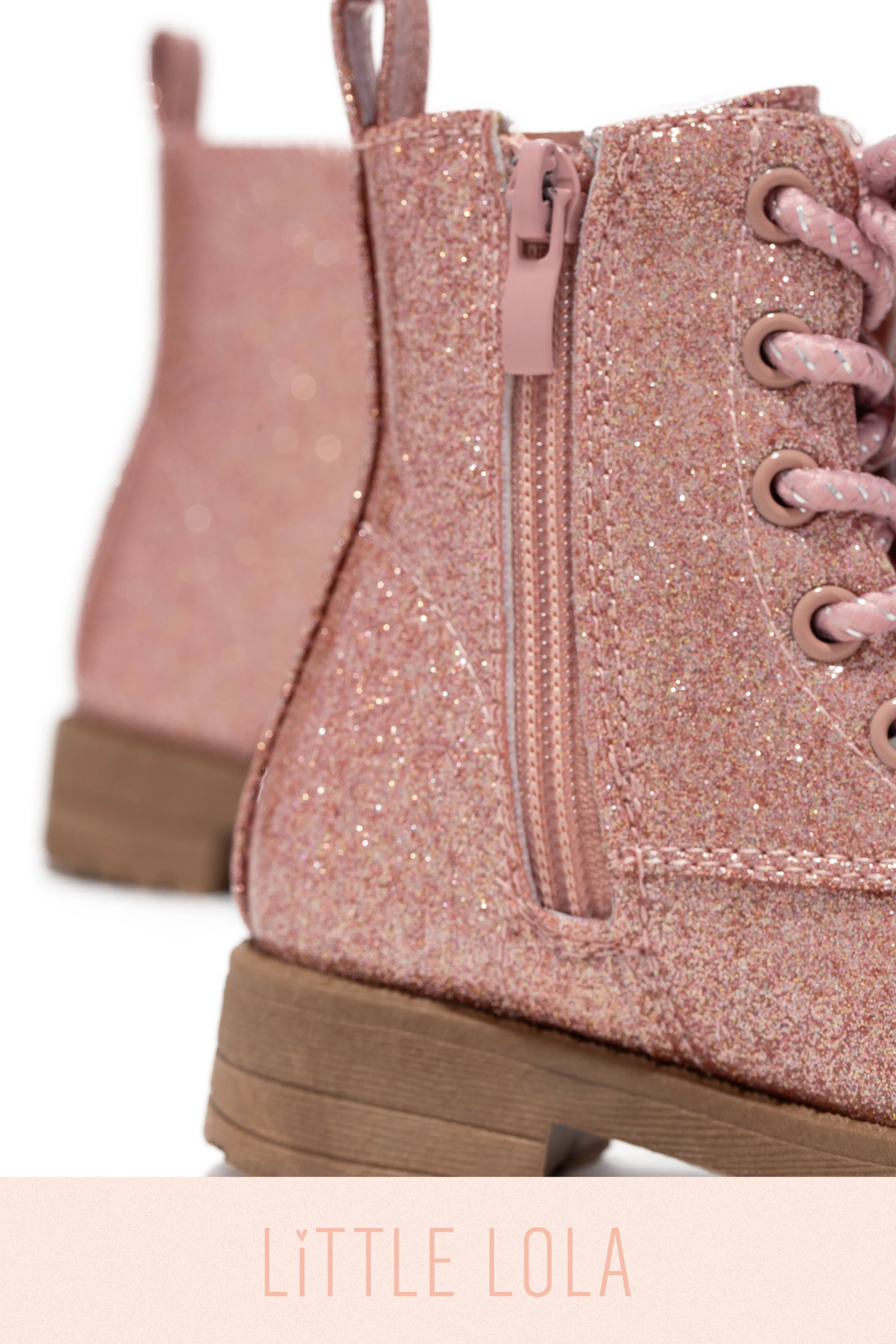 Mini Attitude Kids Glitter Lace Up Combat Boots - Pink