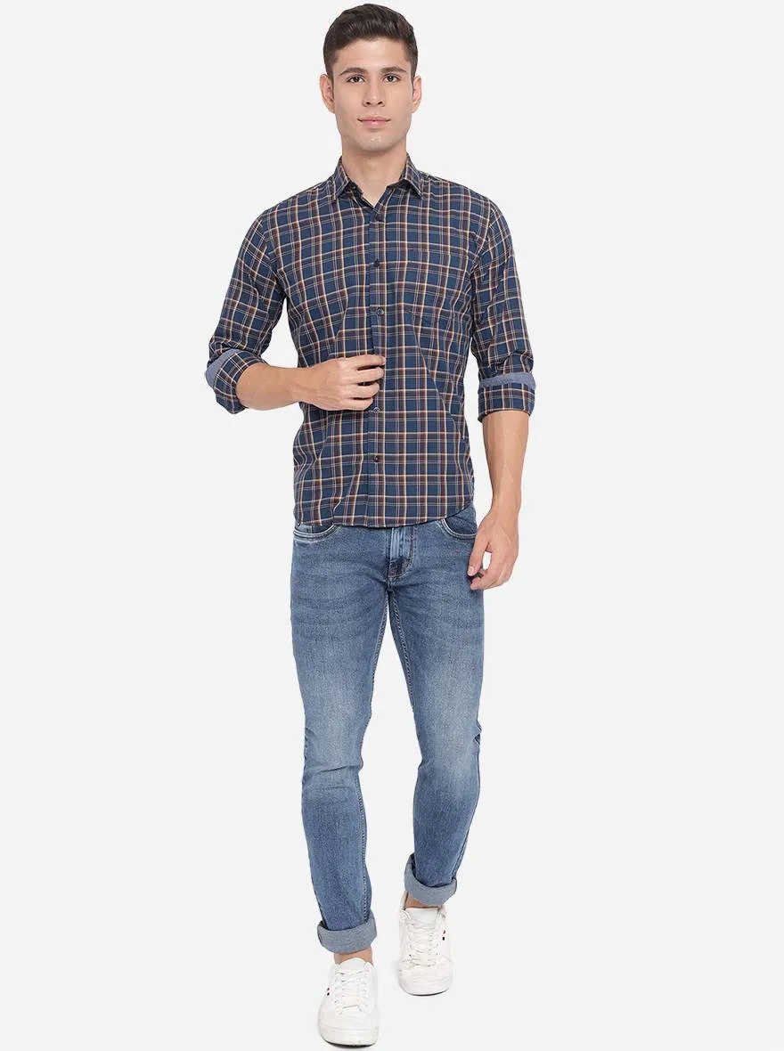 Navy Blue Checked Slim Fit Casual Shirt | Greenfibre