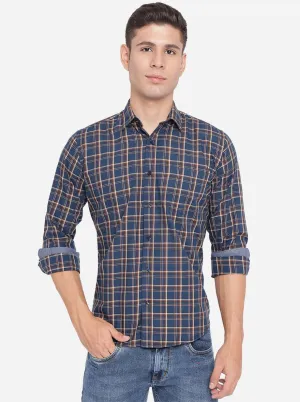 Navy Blue Checked Slim Fit Casual Shirt | Greenfibre