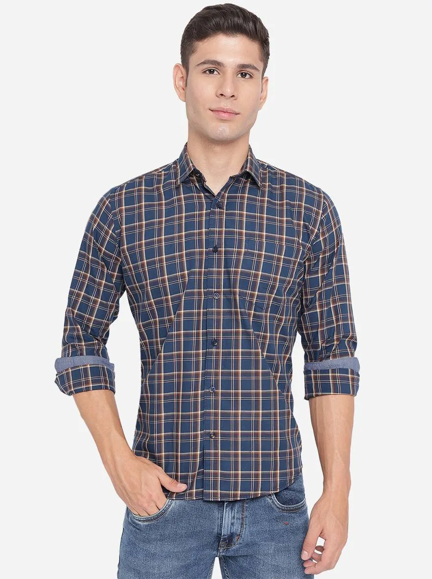 Navy Blue Checked Slim Fit Casual Shirt | Greenfibre