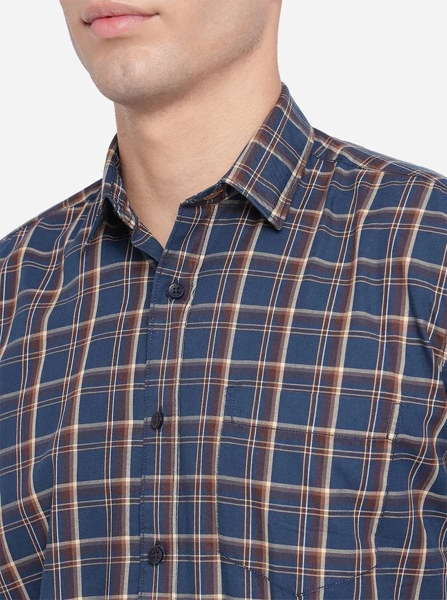 Navy Blue Checked Slim Fit Casual Shirt | Greenfibre