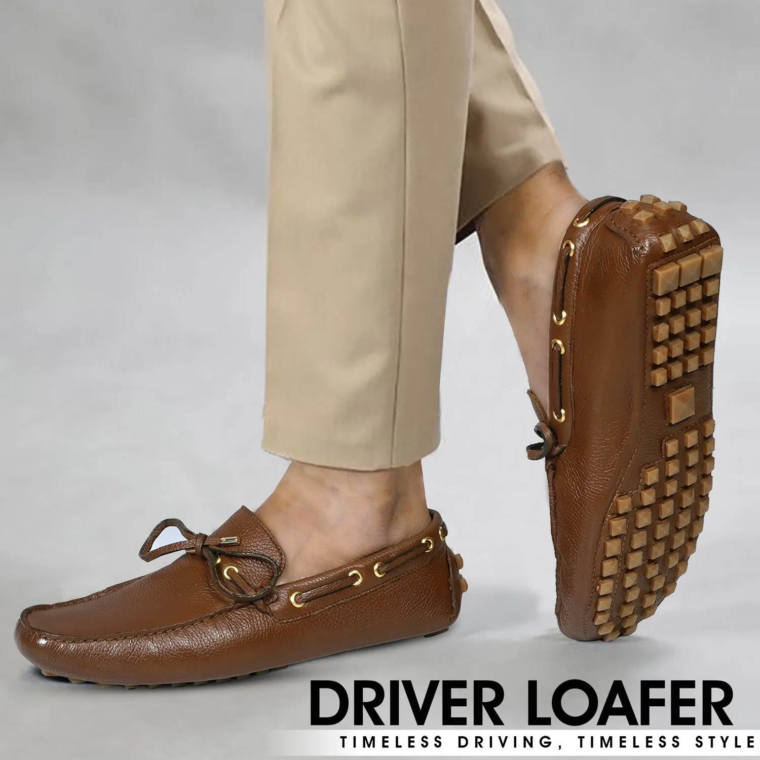 Nubs Sole Tassel Bow Driver Loafer in Textured Tan Leather