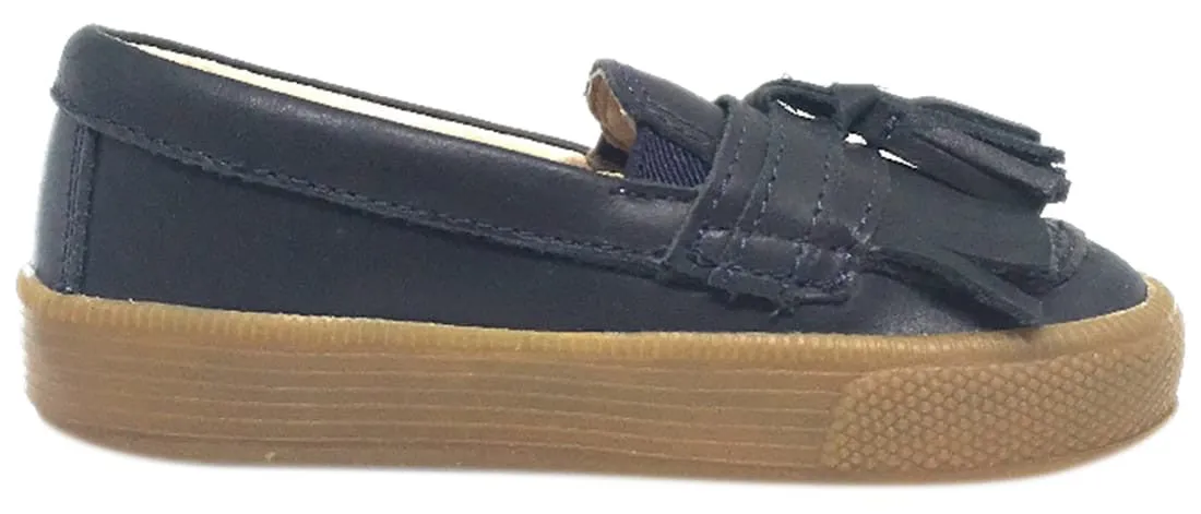 Old Soles Boy's and Girl's Distressed Navy Leather Domain Hoff Slip On Tassel Loafer Sneakers