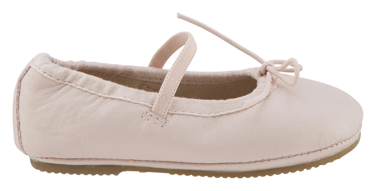 Old Soles Girl's 613 Bambini Cruise Powder Pink Leather Elastic Trim Upper Bow Tie Mary Jane Ballet Flat Shoe