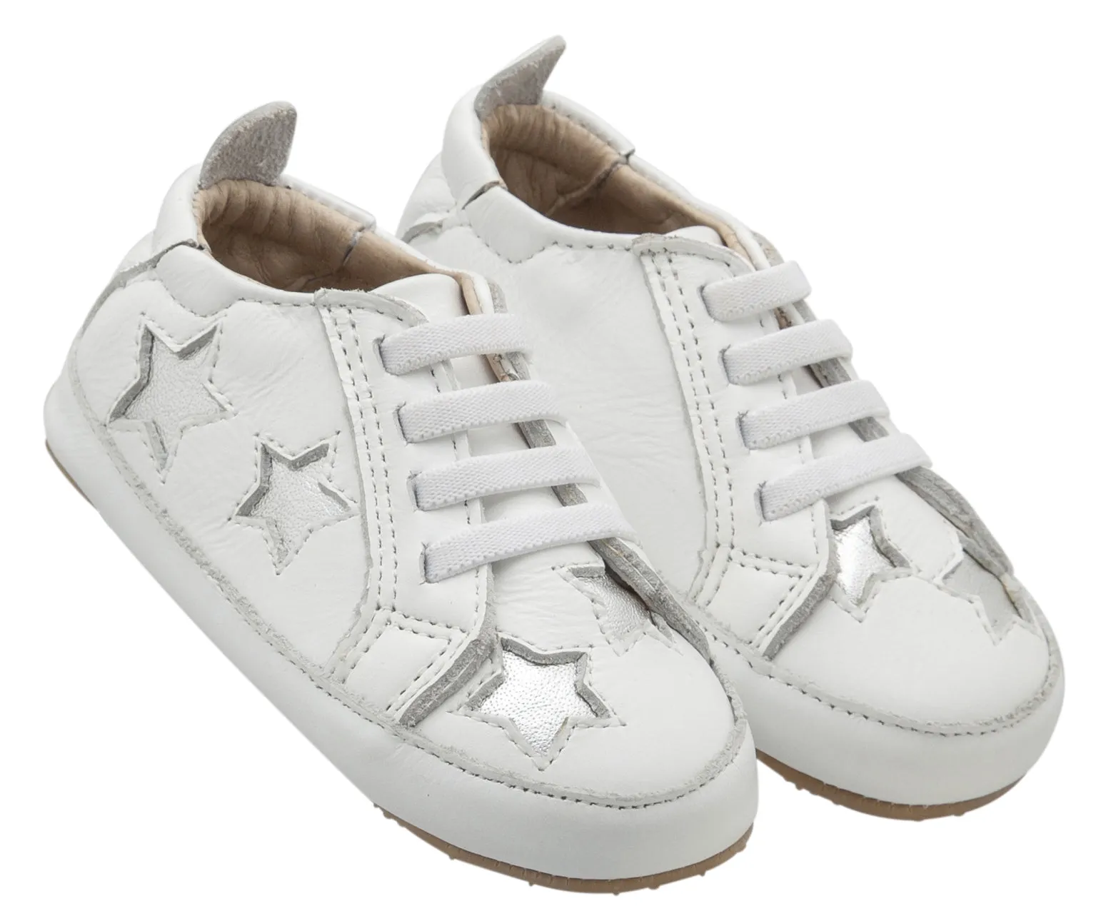 Old Soles Girl's & Boy's 0024R Starey Bambini White with Silver Stars Leather Elastic Slip On Sneakers