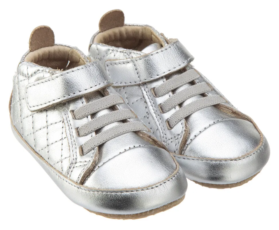 Old Soles Girl's and Boy's Quilt Bambini Silver Soft Quilted Leather Hook and Loop First Walker Baby Shoes