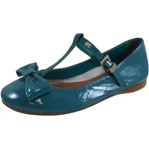 Papanatas by Eli Girl's 6574 Teal Bow Embellished Mary Janes Adjustable T-Straps Flats