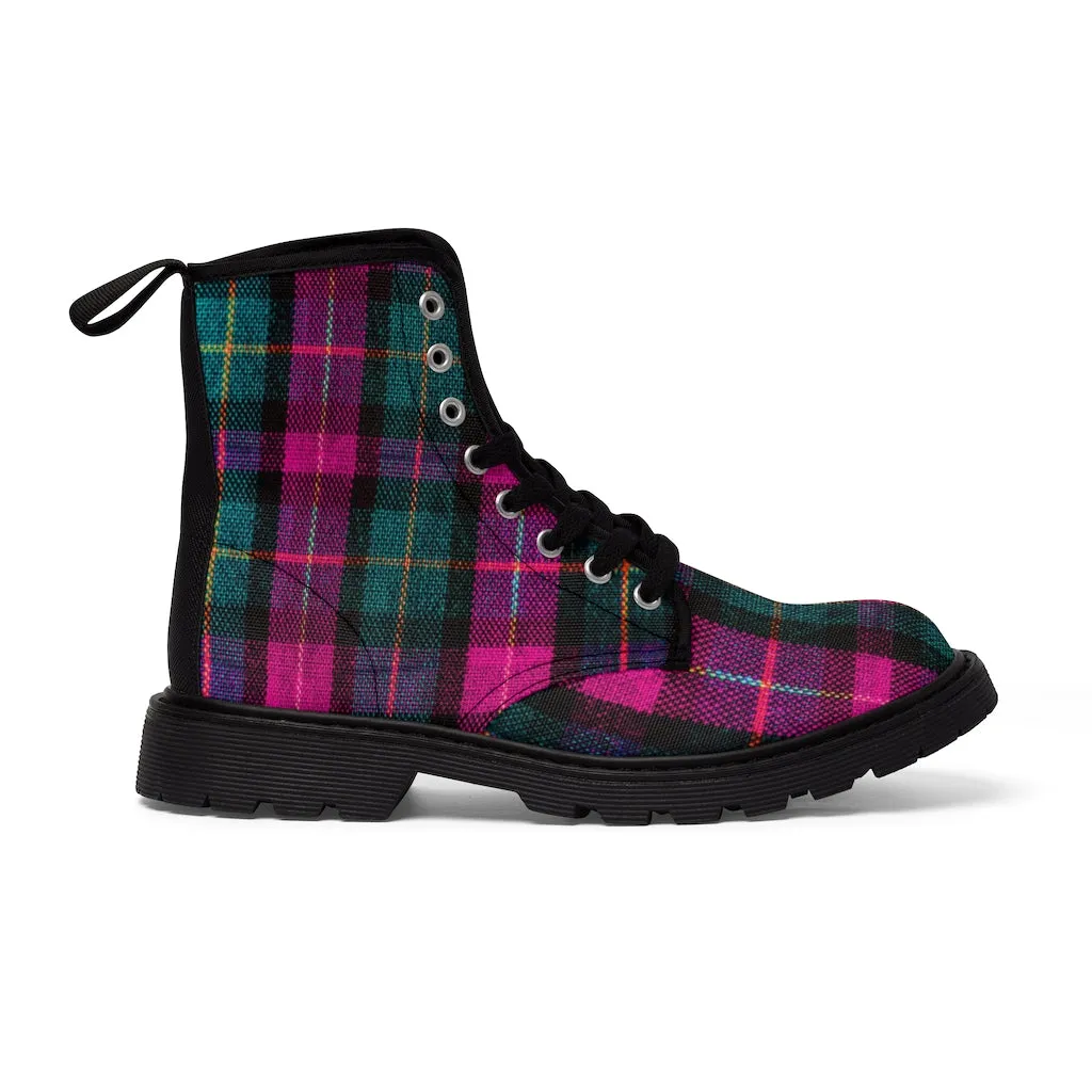 Pink Plaid Print Men's Boots, Hiking Winter Laced Up Combat Hunting Shoes For Men (US Size: 7-10.5)