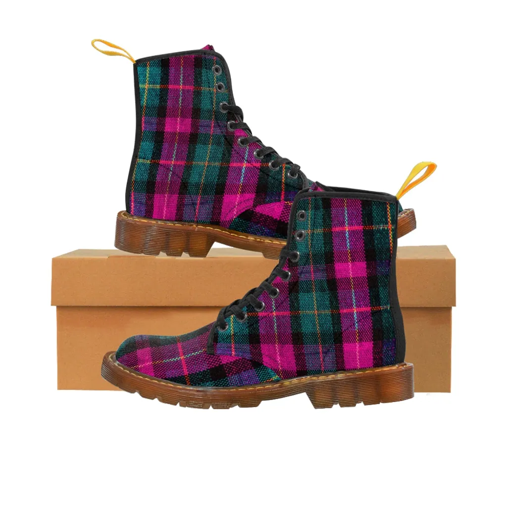 Pink Plaid Print Men's Boots, Hiking Winter Laced Up Combat Hunting Shoes For Men (US Size: 7-10.5)