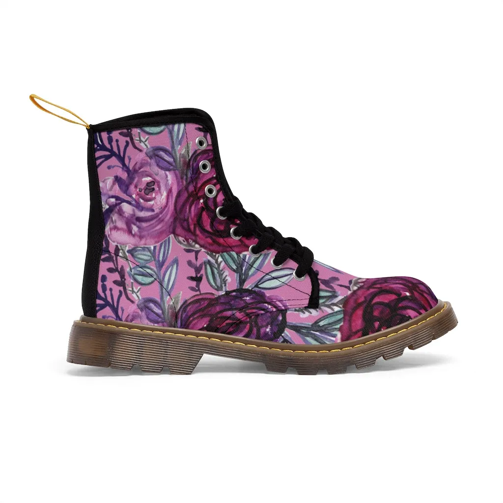 Pink Rose Floral Women's Boots, Purple Chic Flower Print Hiking Combat Laced-up Winter Boots For Ladies