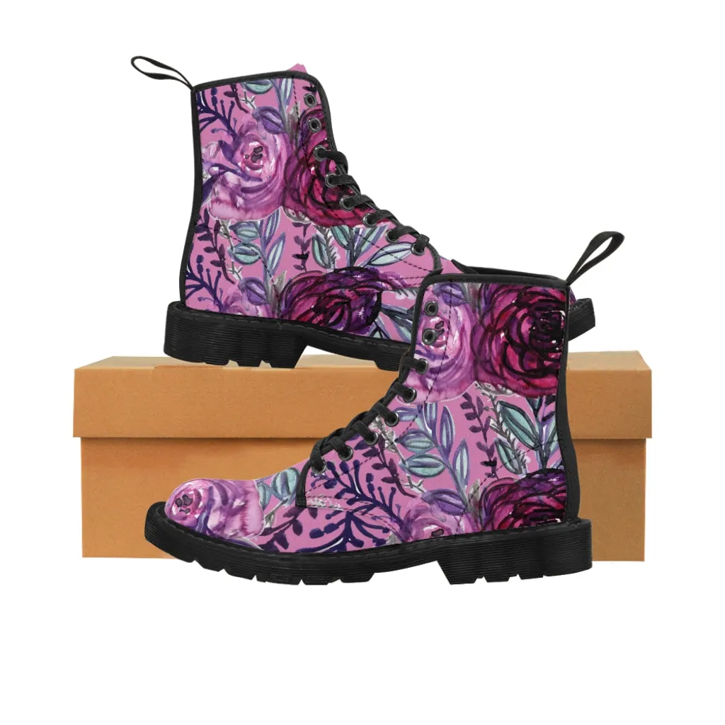 Pink Rose Floral Women's Boots, Purple Chic Flower Print Hiking Combat Laced-up Winter Boots For Ladies