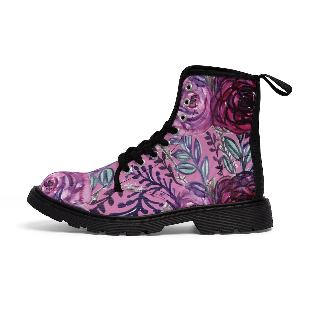 Pink Rose Floral Women's Boots, Purple Chic Flower Print Hiking Combat Laced-up Winter Boots For Ladies