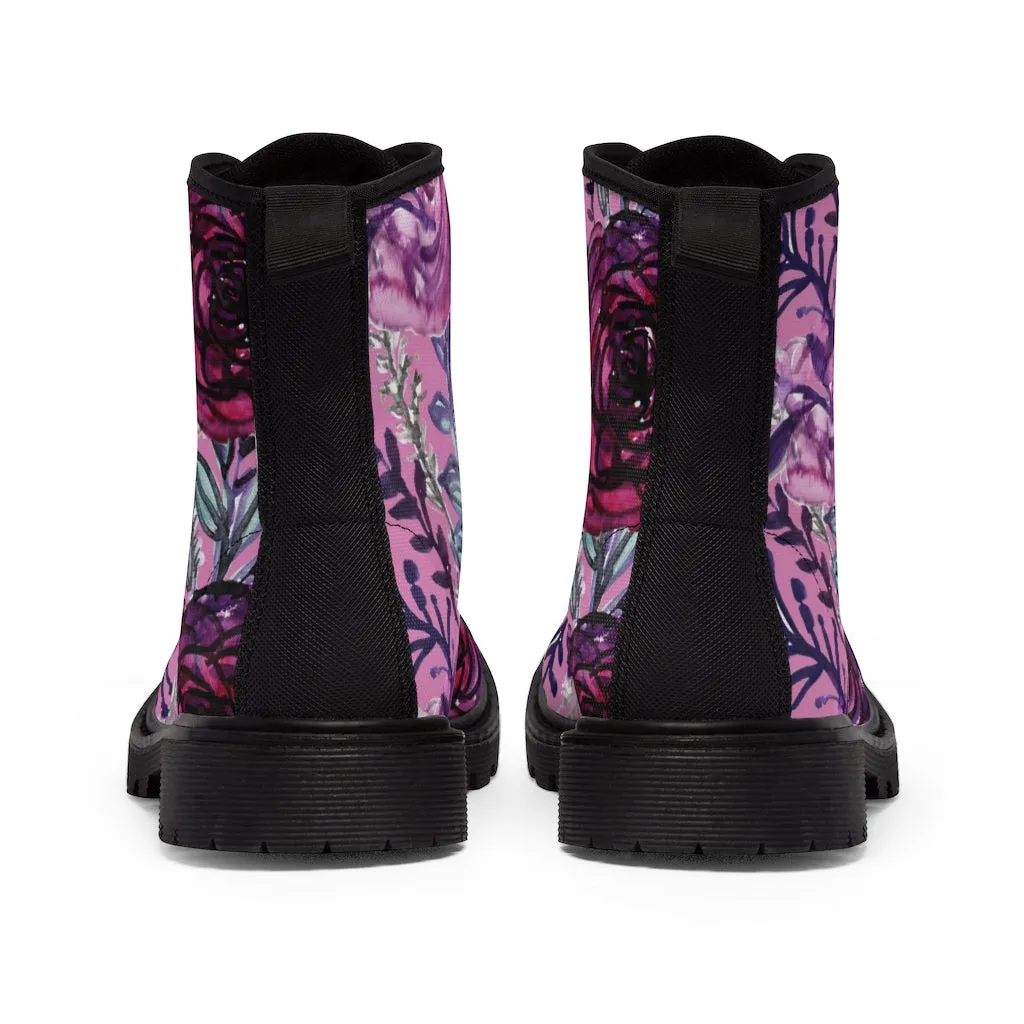 Pink Rose Floral Women's Boots, Purple Chic Flower Print Hiking Combat Laced-up Winter Boots For Ladies