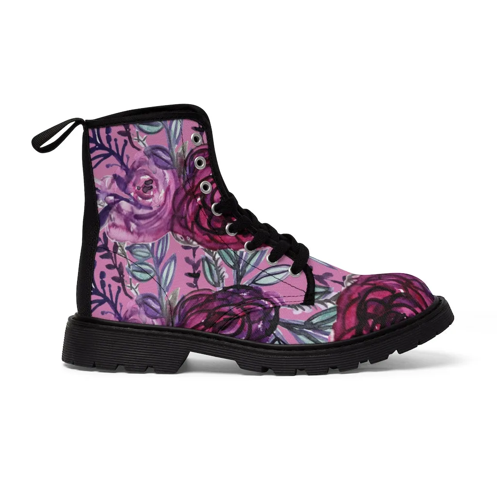 Pink Rose Floral Women's Boots, Purple Chic Flower Print Hiking Combat Laced-up Winter Boots For Ladies