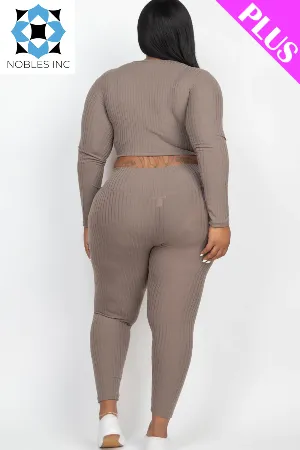 Plus Size Ribbed Long Sleeve Crop Top & Leggings Set (CAPELLA)