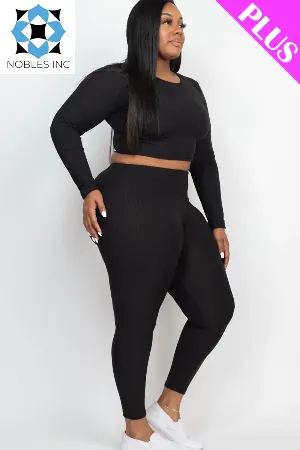 Plus Size Ribbed Long Sleeve Crop Top & Leggings Set (CAPELLA)