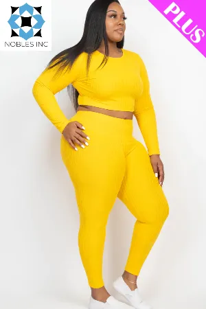 Plus Size Ribbed Long Sleeve Crop Top & Leggings Set (CAPELLA)