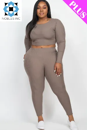 Plus Size Ribbed Long Sleeve Crop Top & Leggings Set (CAPELLA)