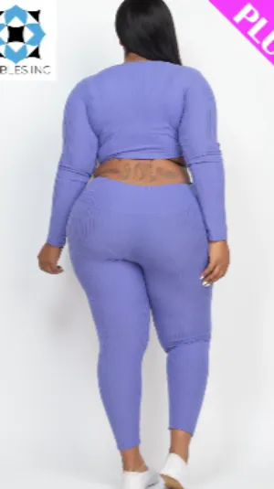 Plus Size Ribbed Long Sleeve Crop Top & Leggings Set (CAPELLA)