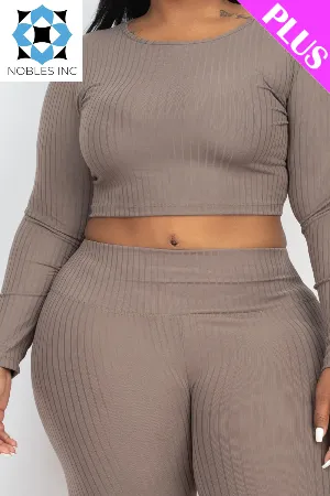 Plus Size Ribbed Long Sleeve Crop Top & Leggings Set (CAPELLA)