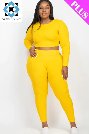 Plus Size Ribbed Long Sleeve Crop Top & Leggings Set (CAPELLA)