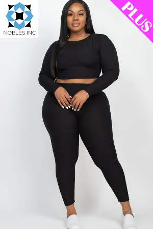 Plus Size Ribbed Long Sleeve Crop Top & Leggings Set (CAPELLA)