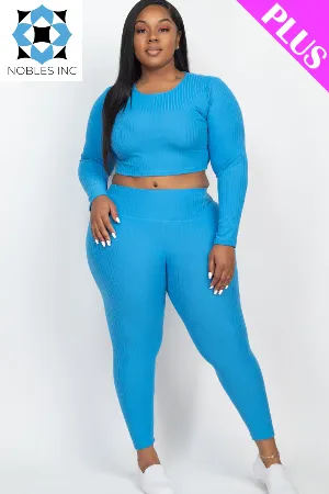 Plus Size Ribbed Long Sleeve Crop Top & Leggings Set (CAPELLA)