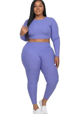 Plus Size Ribbed Long Sleeve Crop Top & Leggings Set (CAPELLA)