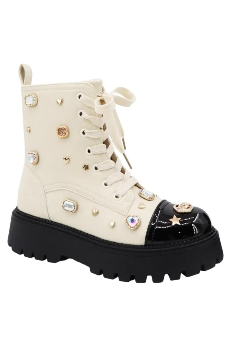 POLK-05 Ivory Black Patent Faux Leather Combat Boot - Lace Up - Rhinestone Charms/Jewels Detail