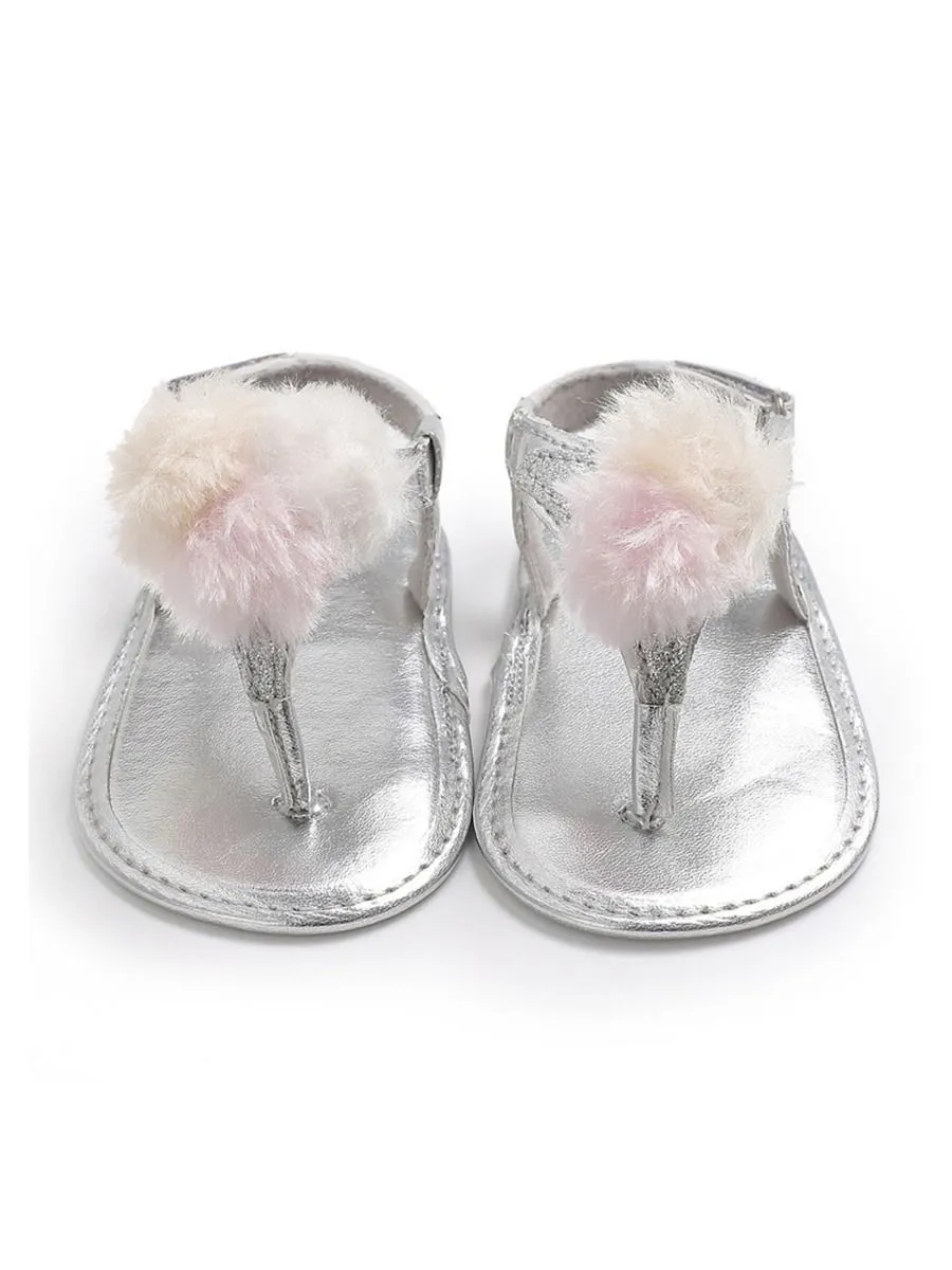 Pom Trim Solid Color Sandal For Baby Girls