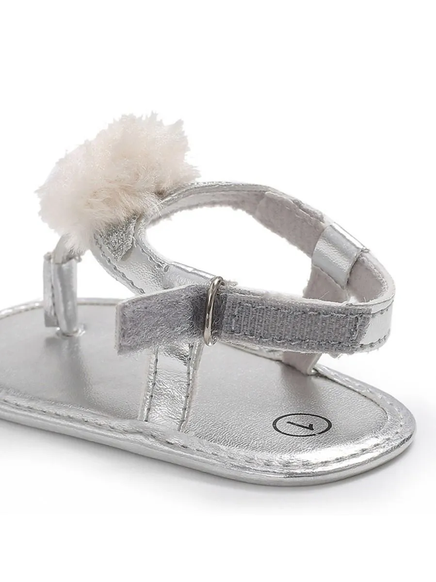 Pom Trim Solid Color Sandal For Baby Girls