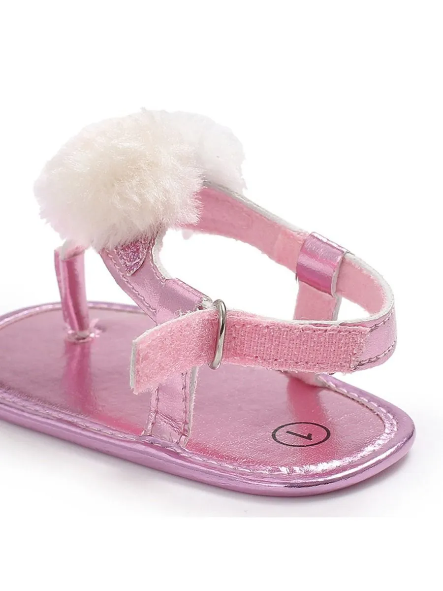 Pom Trim Solid Color Sandal For Baby Girls