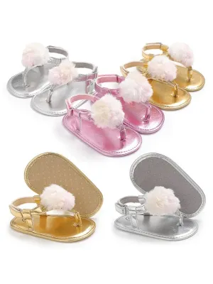 Pom Trim Solid Color Sandal For Baby Girls