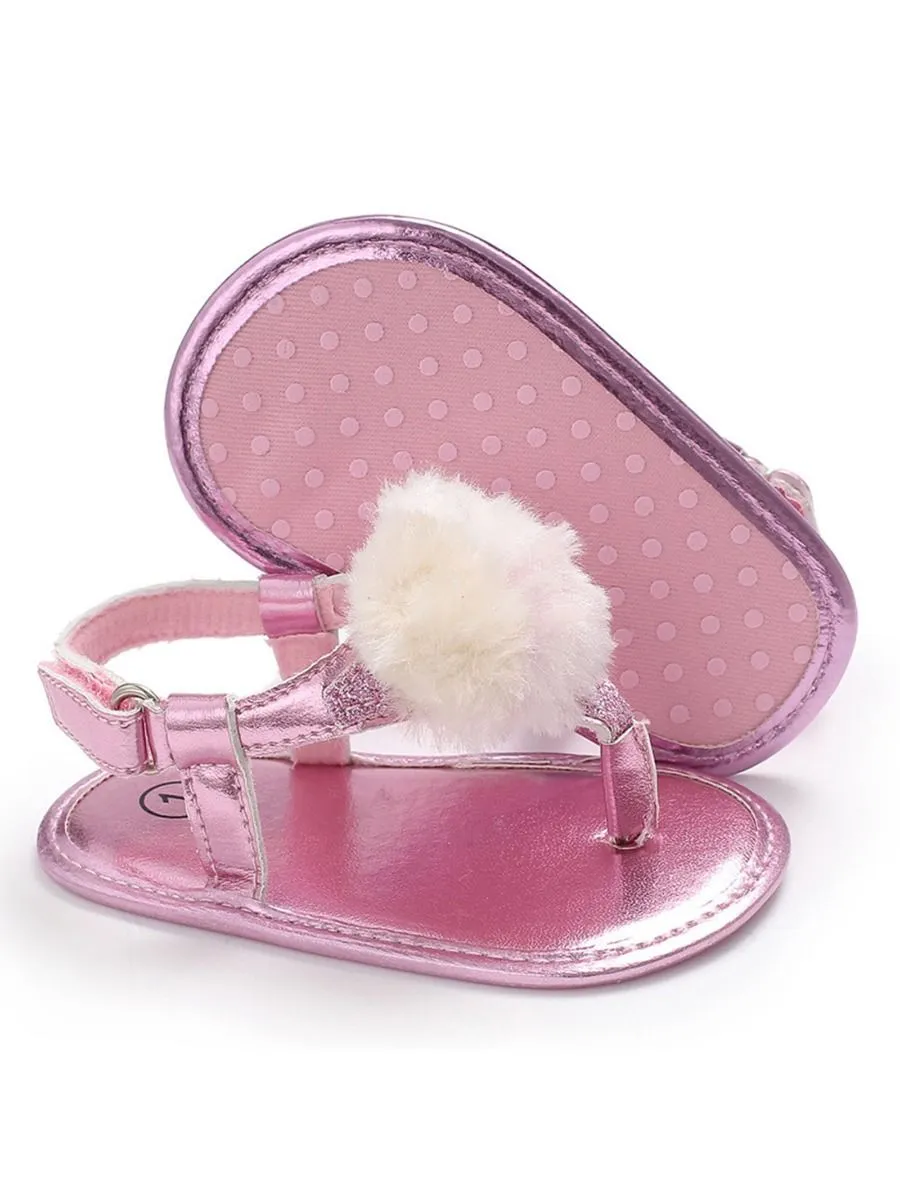 Pom Trim Solid Color Sandal For Baby Girls