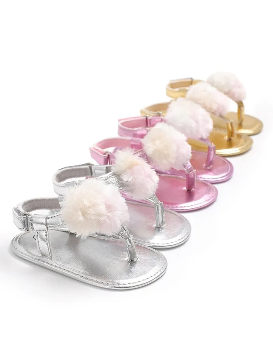 Pom Trim Solid Color Sandal For Baby Girls