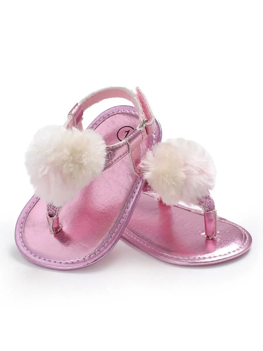 Pom Trim Solid Color Sandal For Baby Girls