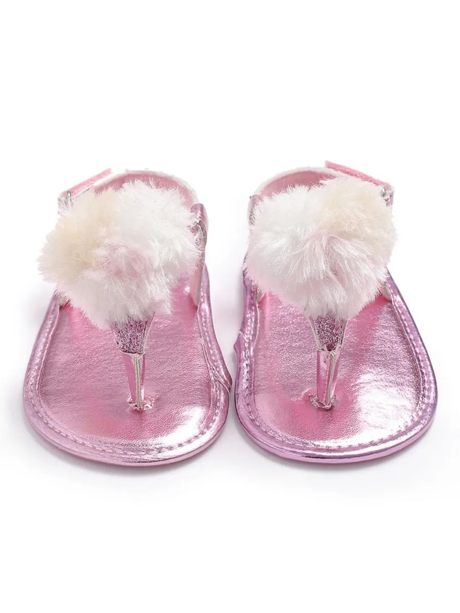 Pom Trim Solid Color Sandal For Baby Girls