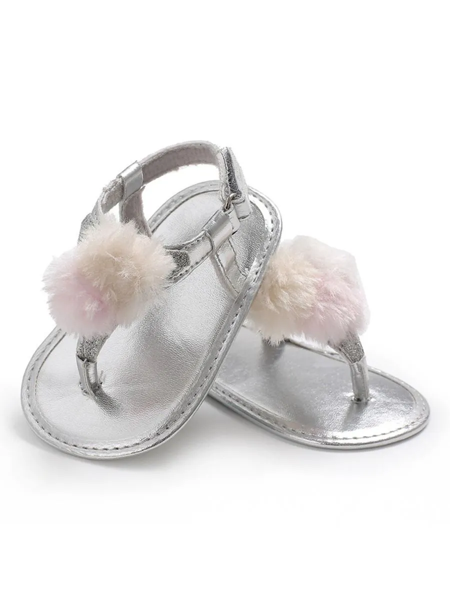 Pom Trim Solid Color Sandal For Baby Girls