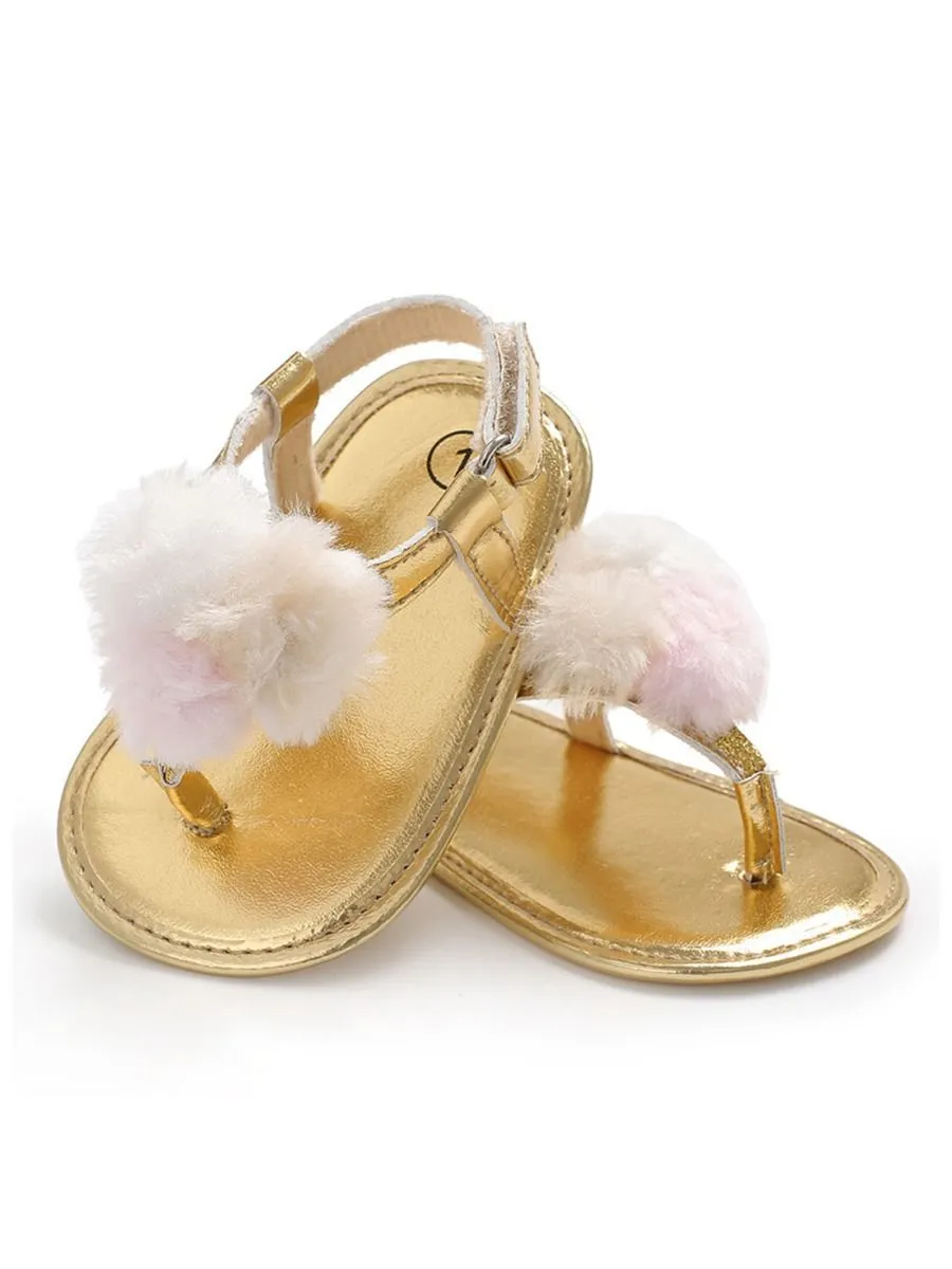 Pom Trim Solid Color Sandal For Baby Girls