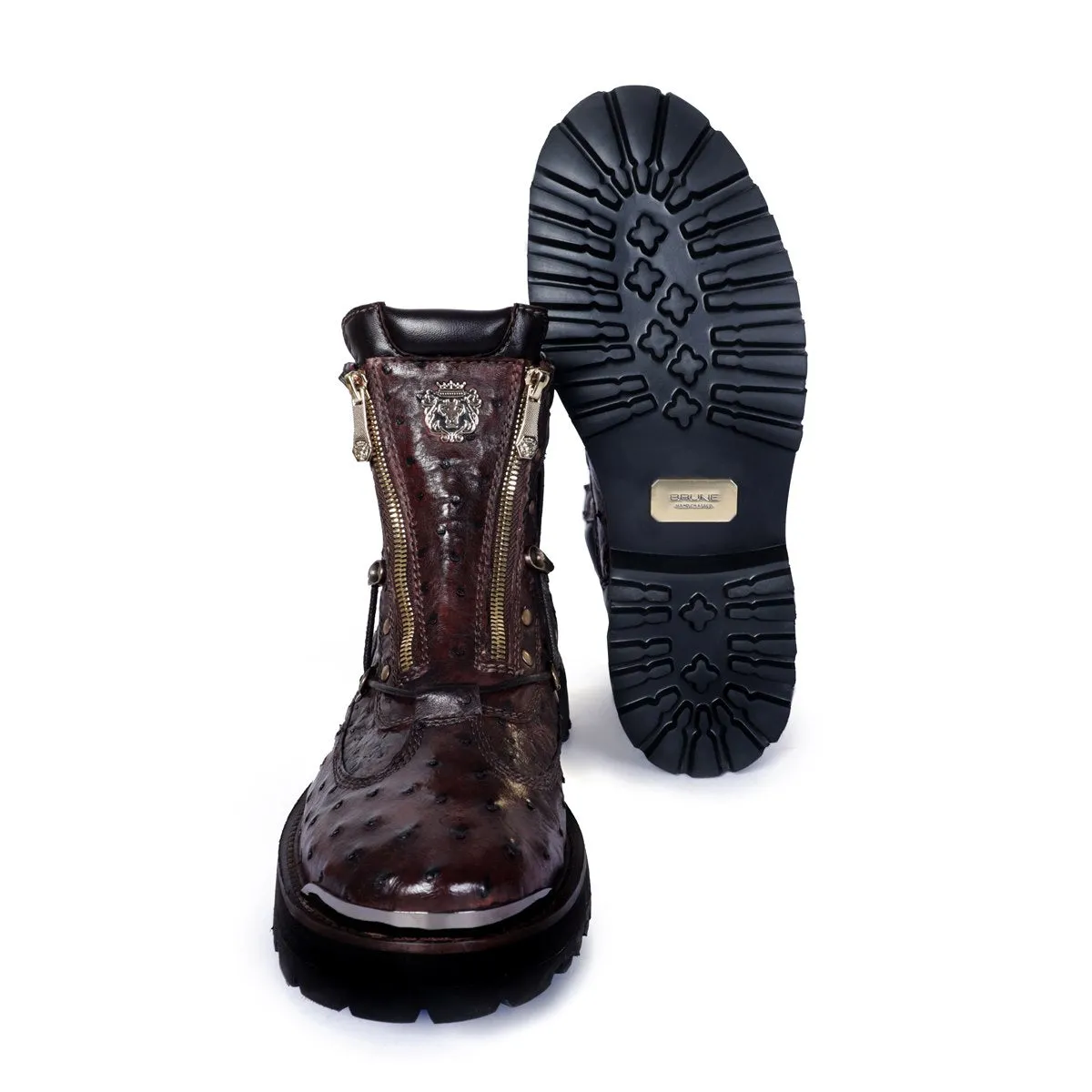 Real Ostrich Chunky Boot In Tobacco Dark Brown With Metal Plate On Toe