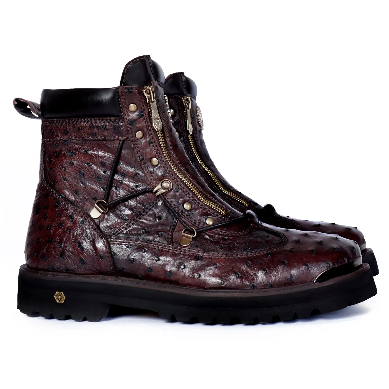 Real Ostrich Chunky Boot In Tobacco Dark Brown With Metal Plate On Toe