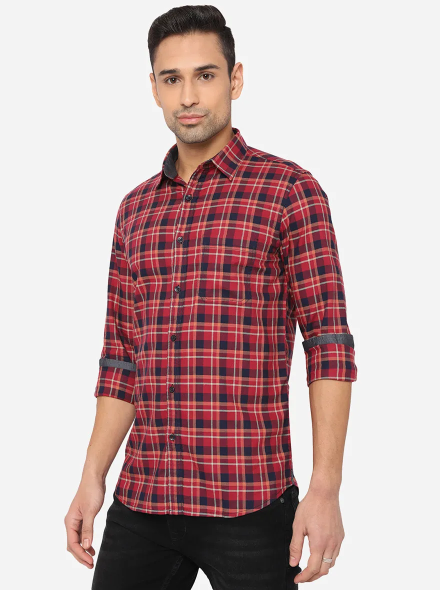 Red & Blue Checked Slim Fit Semi Casual Shirt | JadeBlue