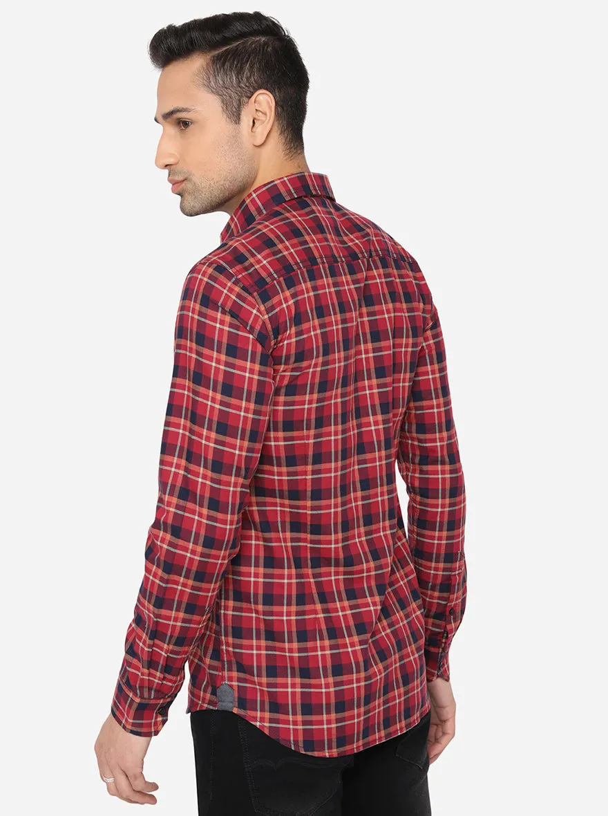 Red & Blue Checked Slim Fit Semi Casual Shirt | JadeBlue