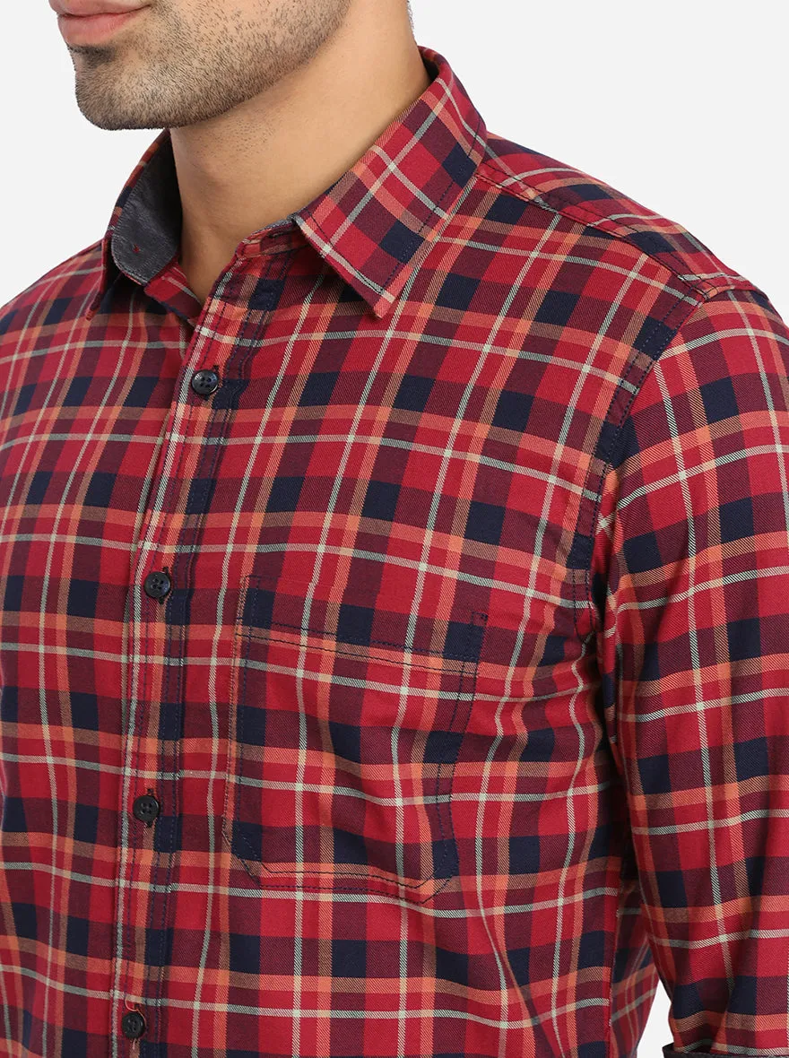 Red & Blue Checked Slim Fit Semi Casual Shirt | JadeBlue