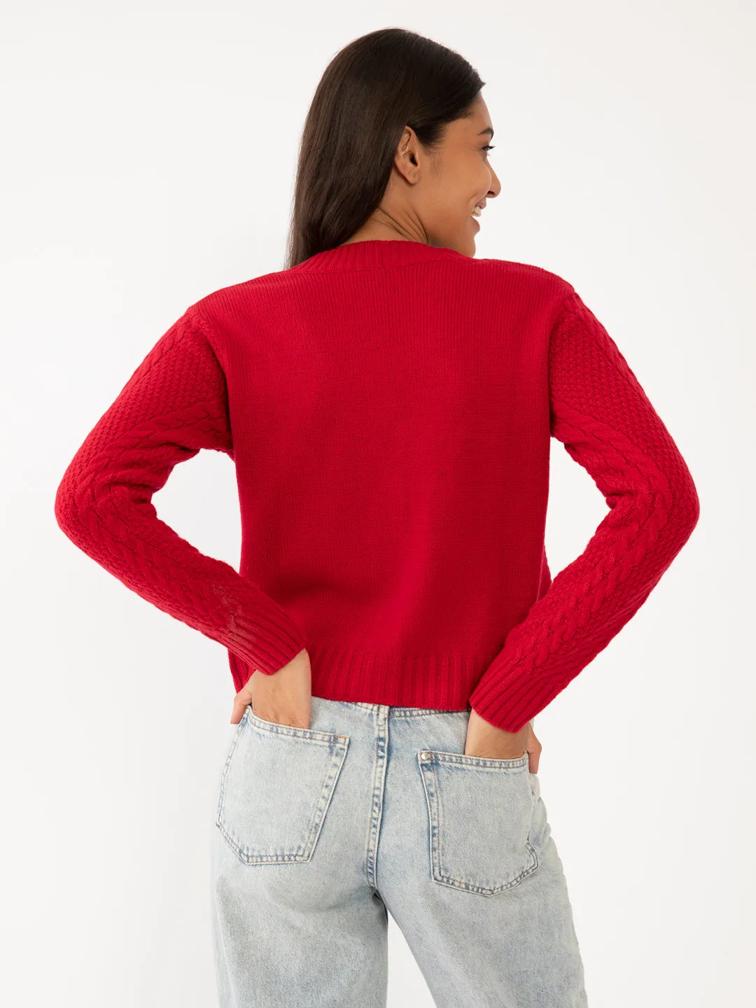 Red Solid Crop Sweater