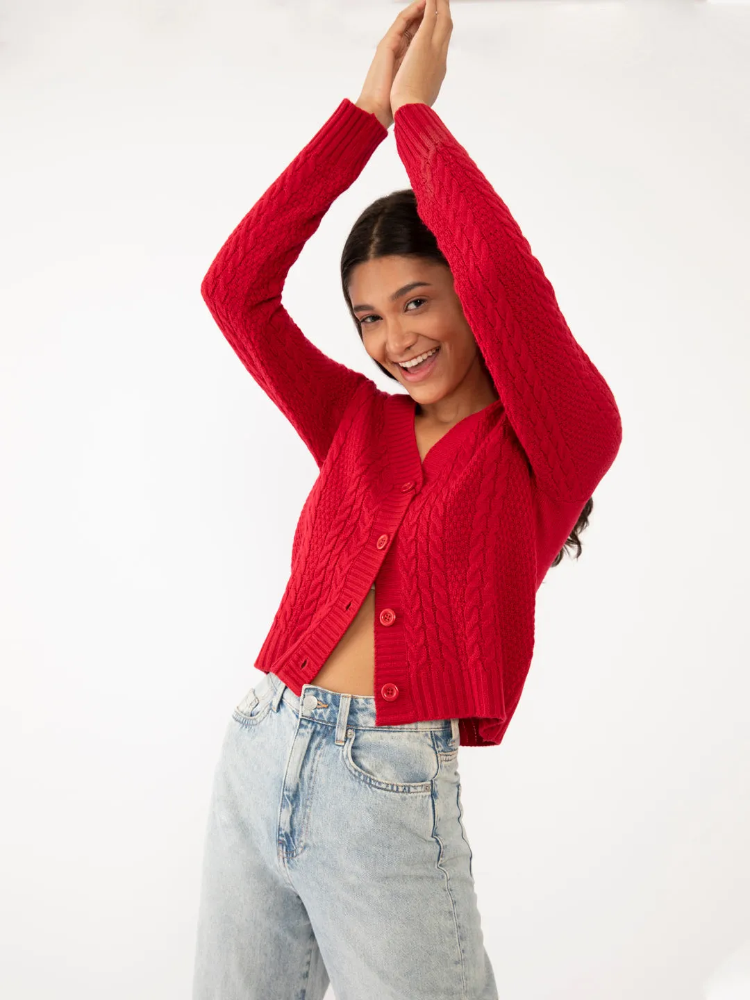 Red Solid Crop Sweater