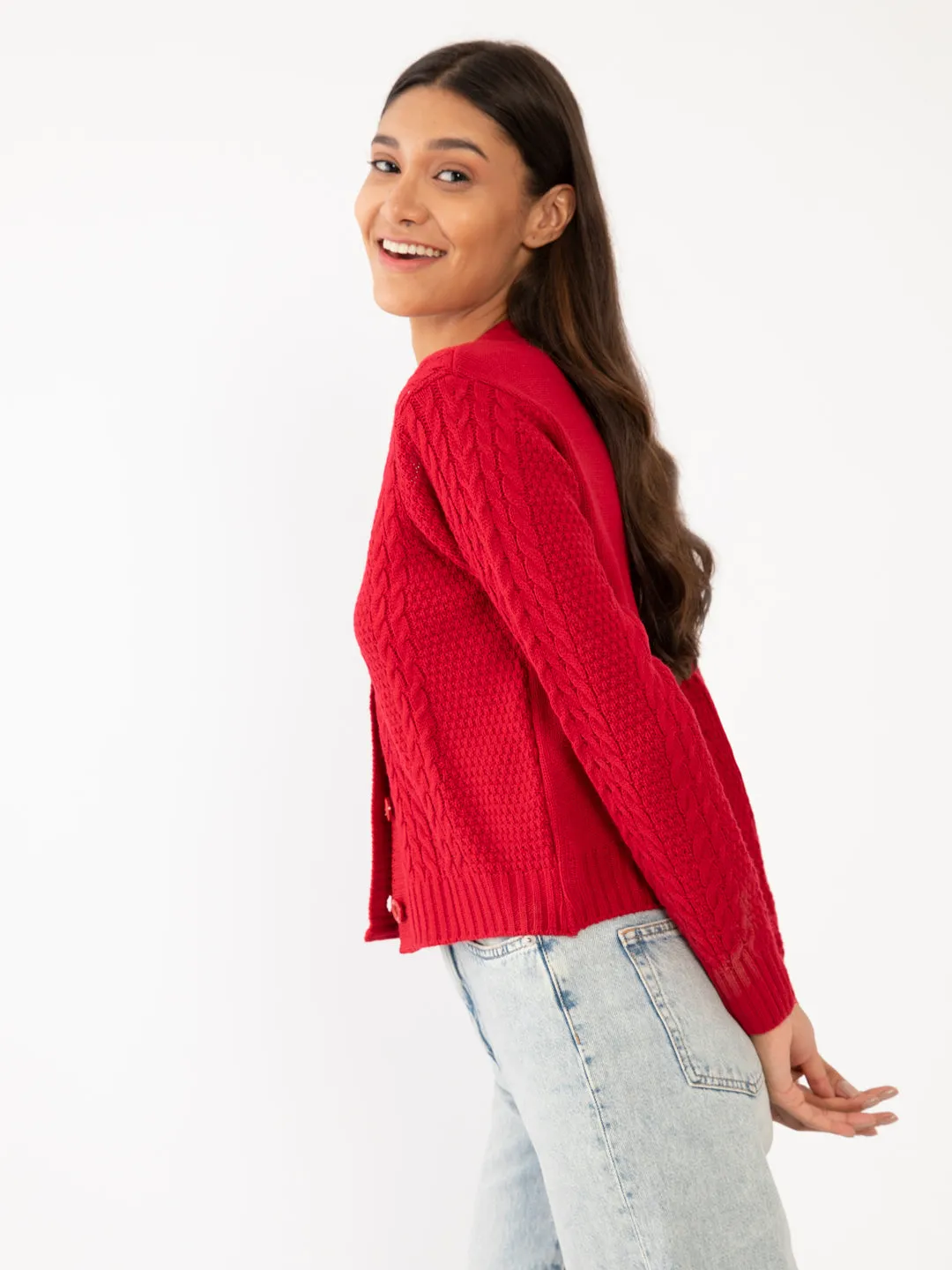 Red Solid Crop Sweater