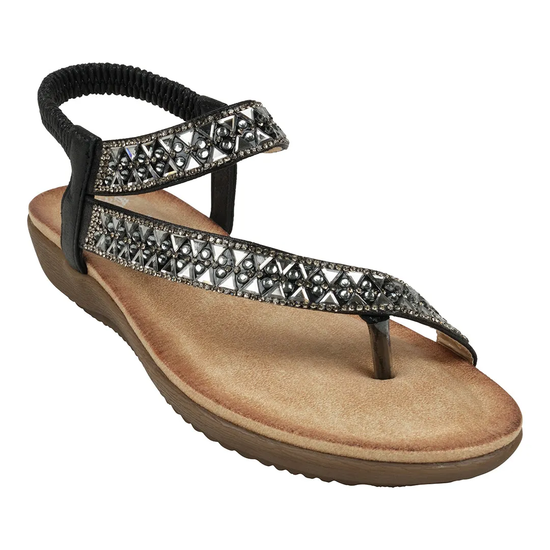 Reille Black Jeweled Asymmetrical Slingback Flat Sandals