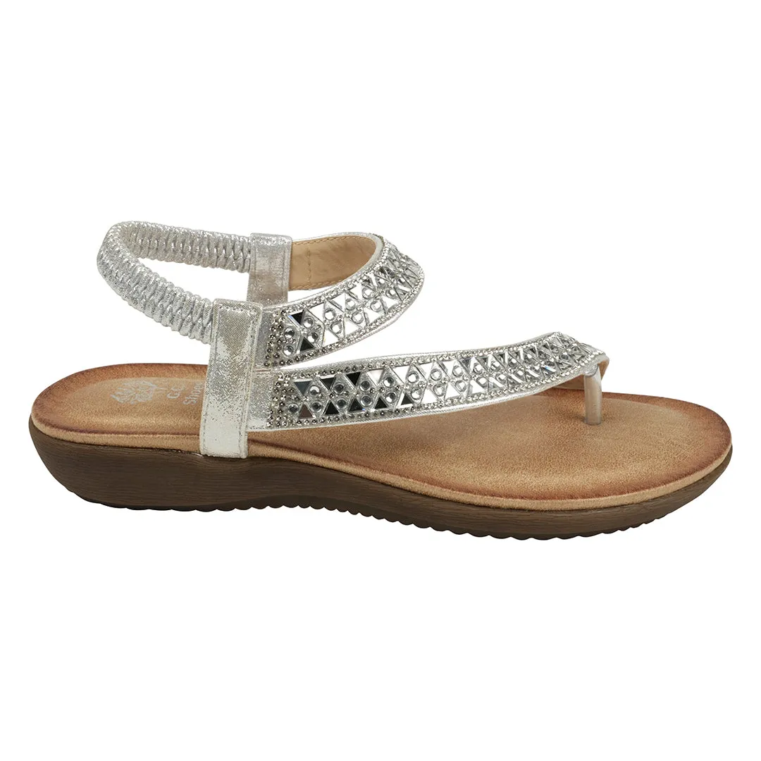 Reille Silver Jeweled Asymmetrical Slingback Flat Sandals